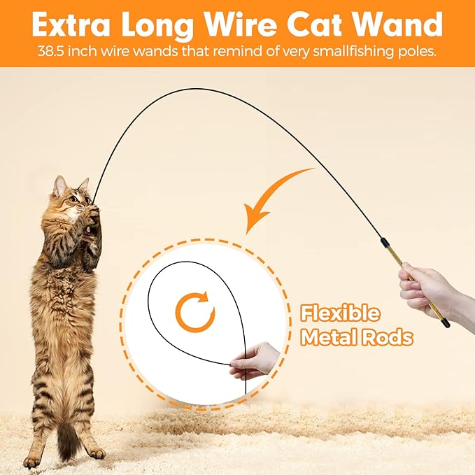 Cat Wand Toy, Cat Feather Toys with Silvervine & Bells, 2 * Teaser Wand & 6 * Teaser Refills, Extra Long 38.5" Wire Wand, Toy for Indoor Cats & Kitten & Kitty