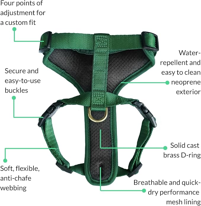 DJANGO Adventure Dog Harness - Stylish and Durable Large Dog Harness for Outdoor Adventures and Everyday Wear - Forest Green Neoprene Adjustable Harness for Dogs with Reflective Piping & Brass D-Ring