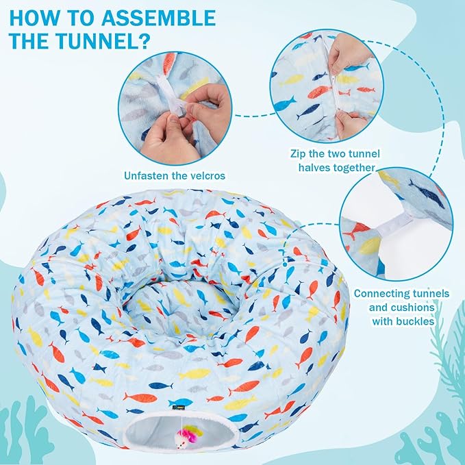 Ownpets Large Cat Tunnel Bed for for All Seasons, Soft Cat Donut Tunnel with Washable Cushion, Round Pet Pet Play Tunnel Toy for Kitten, Puppy, Rabbit, Blue