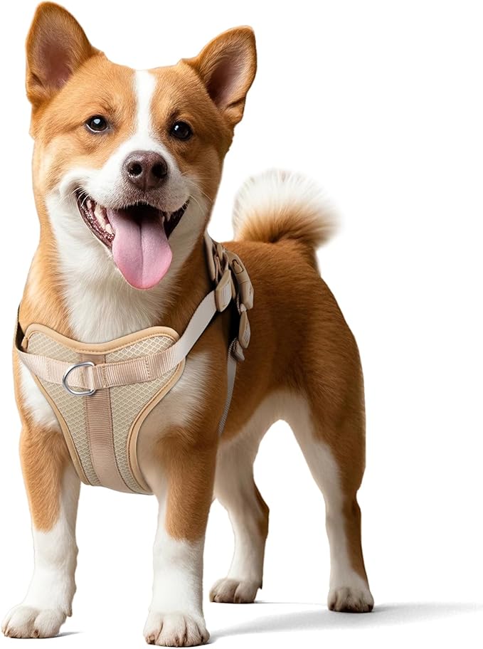 Wisedog Mesh Breathable Dog Harness: No Pull Harness with 3 Fast-Release Buckles Adjustable for Walking & Training for Small Medium Large Dogs (Sand Color, M: Neck=17"-22"/Chest=15"-28")
