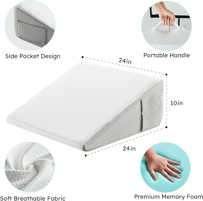 Wedge Pillow with Extra WashableReplaceable Cover, 10 inch Elevated Support Bed Wedge Pillow, Triangle Pillow Wedge for Sleeping Acid Reflux, Post Surgery, Sleep Apnea,Gerd, Memory Foam