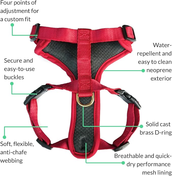 DJANGO Adventure Dog Harness - Stylish and Durable Medium Dog Harness for Outdoor Adventures and Everyday Wear - Red Neoprene Adjustable Harness for Dogs with Reflective Piping, Solid Brass D-Ring