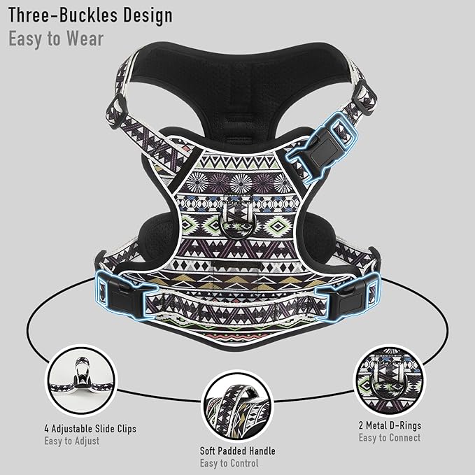 Heavy Duty No Pull Dog Harness for Large Dogs, Labrador Golden Retriever German Shepherd, Adjustable Soft Padded Dog Vest, Breathable Pet Oxford Vest with Easy Control Handle, Black Ethnic L