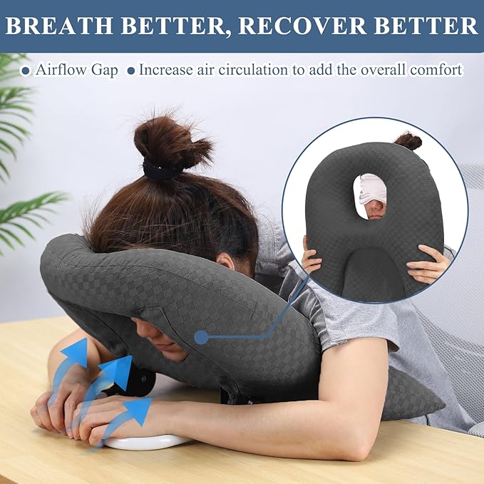 Newly Upgraded Face Down Pillow After Eye Surgery, Prone Pillow with Arm Hole for Face Down Sleeping, Retina and Vitrectomy Lying Pillow, Post Eye Surgery Recovery (Dark Grey)