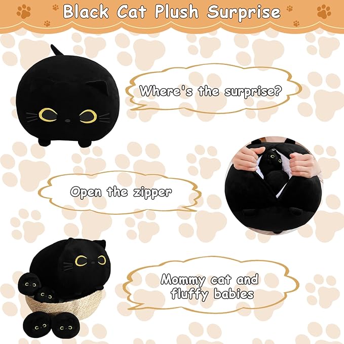 Black Cat Stuffed Animal Mommy Cat Plush Toys with 4 Squishy Baby in Her Tummy Soft Cute Hugging Pillows for Boys and Girls
