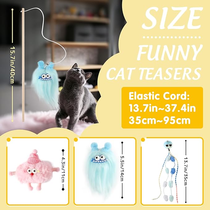 Elastic Cat Wand Toy Funny Interactive Plush Cat Fishing Pole Toy with Bell Soft Natural Wood Kitten Teaser Wand for Indoor Cats Kittens Bored Cats (3 Pack)