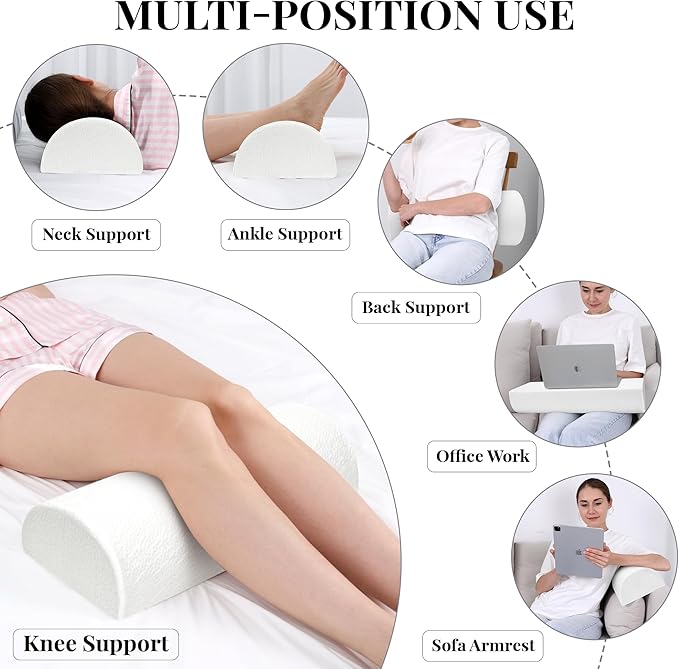 Knee Pillow for Side Sleepers Memory Foam Leg Pillows for Sleeping Yoga Bed Half Moon Bolster Pillow for Neck Pain Relief with 2 Pillowcases 20.5 x 8 x 4.5 Inches(White+Grey, Standard Size)