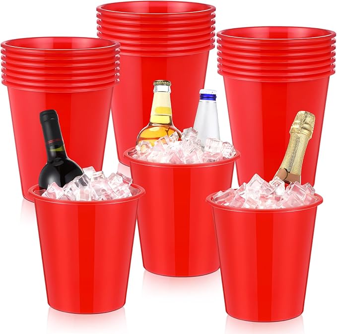 Layhit 24 Packs Plastic Ice Buckets for Parties 3 Liters Wine Bucket Portable Ice Holder for Party Disposable Wine Cooler for Wedding Party Beverage Champagne Soda and Beer(Red)