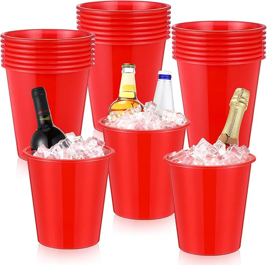 Layhit 24 Packs Plastic Ice Buckets for Parties 3 Liters Wine Bucket Portable Ice Holder for Party Disposable Wine Cooler for Wedding Party Beverage Champagne Soda and Beer(Red)