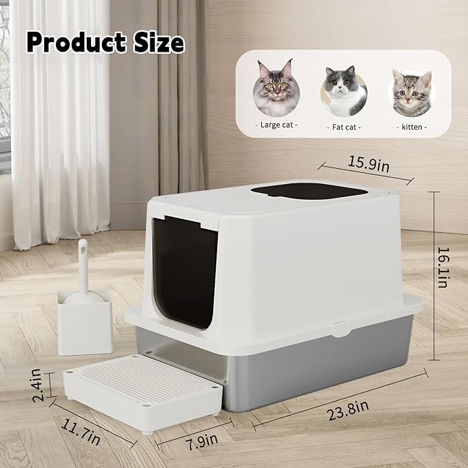 RIZZARI Stainless Steel Litter Box: 23.8" × 11.7" × 16.1" Beige Non-Stick Litter Pan with Cat Litter - Easy to Clean for Apartments - Multi-Cat Homes