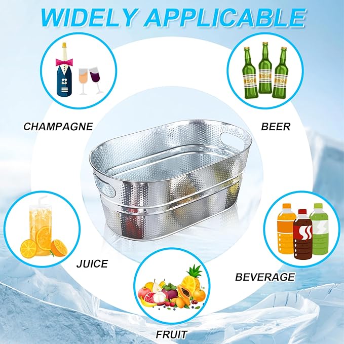 Ice Buckets for Parties 2 Pcs 3 Gallon Galvanized Beverage Metal Tub Hammered Texture Champagne Drink Wine Large Ice Bucket with Scoops for Cocktail Mimosa Bar Supplies