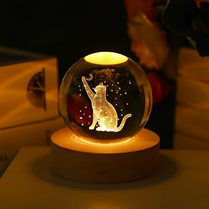 YU FENG 3D Carved Cat Crystal Ball with Light Base for Cat Lovers and Home Decor 2.36 Inch