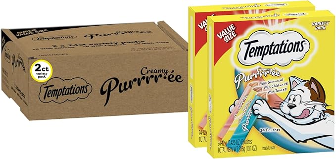 Temptations Creamy Puree Squeezable Lickable Wet Cat Treat Variety Pack, 0.42 oz. Tubes, 24 Count, Pack of 2 (48 Total)
