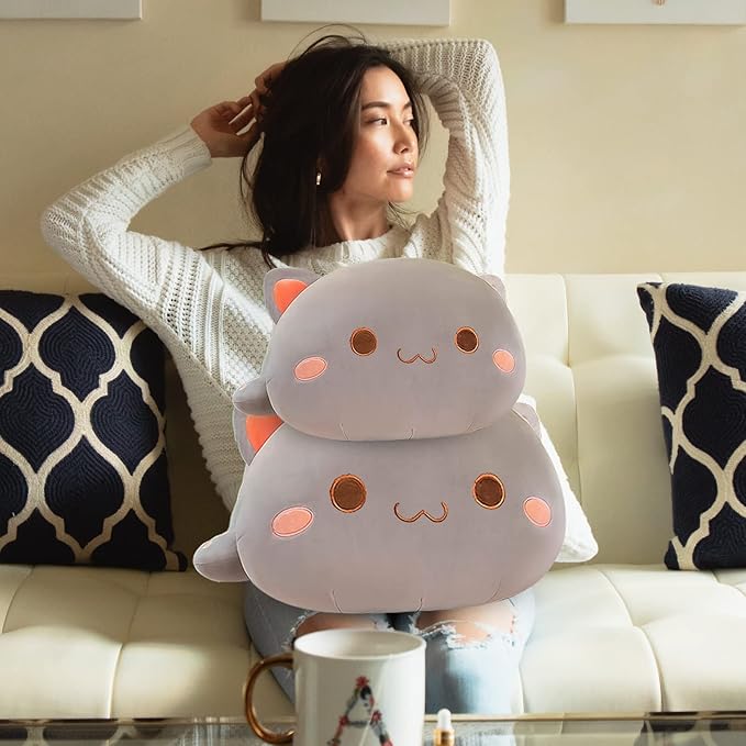 FUYU Cat Stuffed Animals, Soft Cat Plush Pillow Kawaii Kitten Stuffed Animal Toy Gifts for Kids Boys Girls Room Decor (Grey Round Eyes,35in/87)