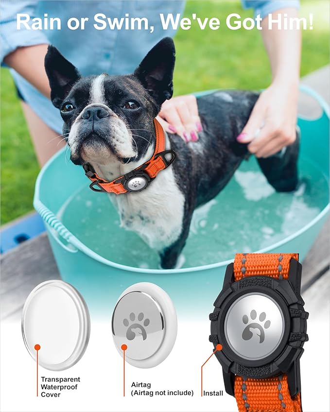 TagME Airtag Dog Collar,Waterproof Reflective Pet Collar with Airtag Holder,Soft Padded and Double D-Rings for Puppy,Orange