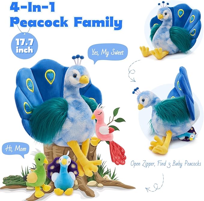 MorisMos Plush Peacock Stuffed Animal with 3 Baby Bird Plush Toys,18''Mommy Peacock Toys for Girl Boy Kid,Realistic Bird Stuffed Animals Gift for Birthday Decor Baby Shower Christmas,CE/CPC Certified