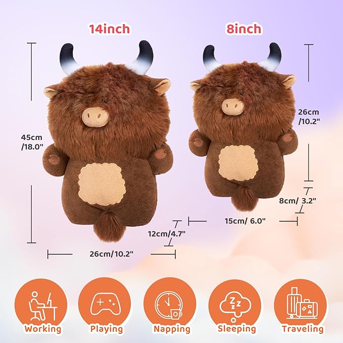 Highland Cow Plush Toys, Brown Fluffy Stuffed Animals, Squishy Doll & Plushie Pillow, Home Decor Throw Pillow Gifts for Girls (18 Inches)