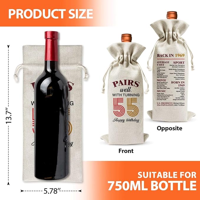 55th Birthday Wine Gift Bag For Best Friend Mom Dad Women Men, 1969 Birthday Gift, 55th Birthday Party Decor Favors, 55th Anniversary Wine Bag For Man Women Her, Pairs Well With Turning 55