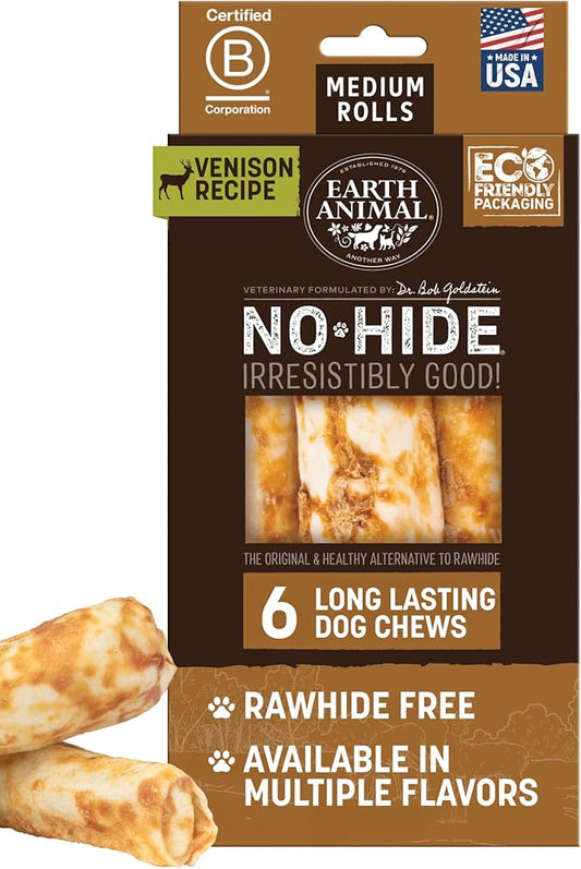 Earth Animal No Hide Medium Venison Flavored Natural Rawhide Free Dog Chews Long Lasting Chew Sticks | Treats for Large Dogs | Great for Aggressive Chewers - 6 Count
