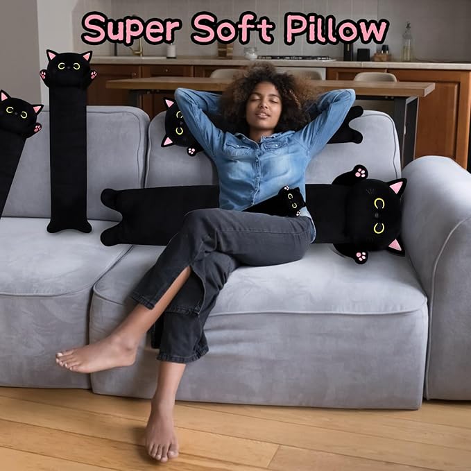 Long Black Cat Plush Pillow, 40.5" Cute Black Cat Stuffed Animal Plushie, Kawaii Cat Toys Throw Pillow for Kids, Home Decorations