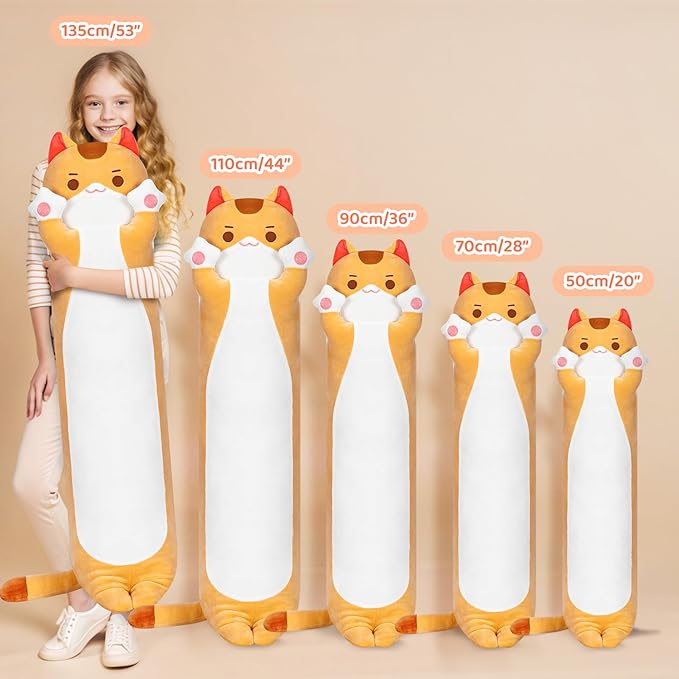 Artist-Designed Ultra Soft Long Cat Plush Body Pillow, Extra Stuffing for Comfort, Premium Quality Stuffed Animal Gift for Girlfriend or Cat Lovers (Brown Cat Body Pillow 53 Inch)