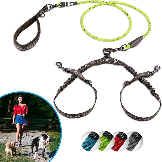 SparklyPets Dual Dog Leash for 2 Small Dogs – Tangle Free Rope Bungee Double Leash for Two Breeds with Adjustable Couplers & Soft Handle (Green, Small)