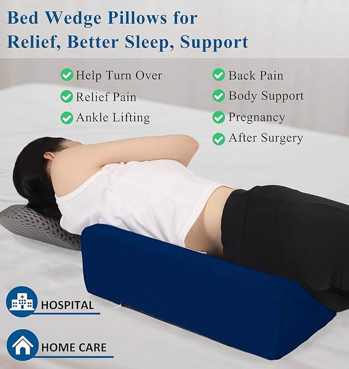 Bed Wedge Pillow for Side Sleeping Sponge Filled Body Positioning Triangle Pillow Suitable for Pregnancy and Surgery Prevent Bed Sore for Leg and Back Support with Pillow Case (Dark Blue)