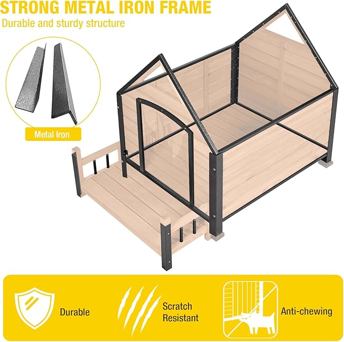 AIVITUVIN Dog House Outdoor Anti-Bite Metal Frame Design Wooden Dog Kennel Outside with Elevated Floor Weatherproof (Brown, 45" D x 32.9" W x 32.6" H)