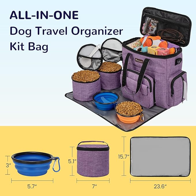 Modoker Dog Travel Organizer Carriers for Supplies & Accessories, Airline Approved Cat Pet Travel Bag, 2 Collapsible Bowls, 2 Travel Dog Food Container, Purple