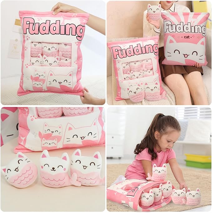 Mermaid Cat Plush Pillow, Cute Pink Mermaid Cat Plushies for Kids, Removable Mermaid Cat Stuffed Animals Dolls, Kawaii Plushies Gift for Girls Boys Birthday