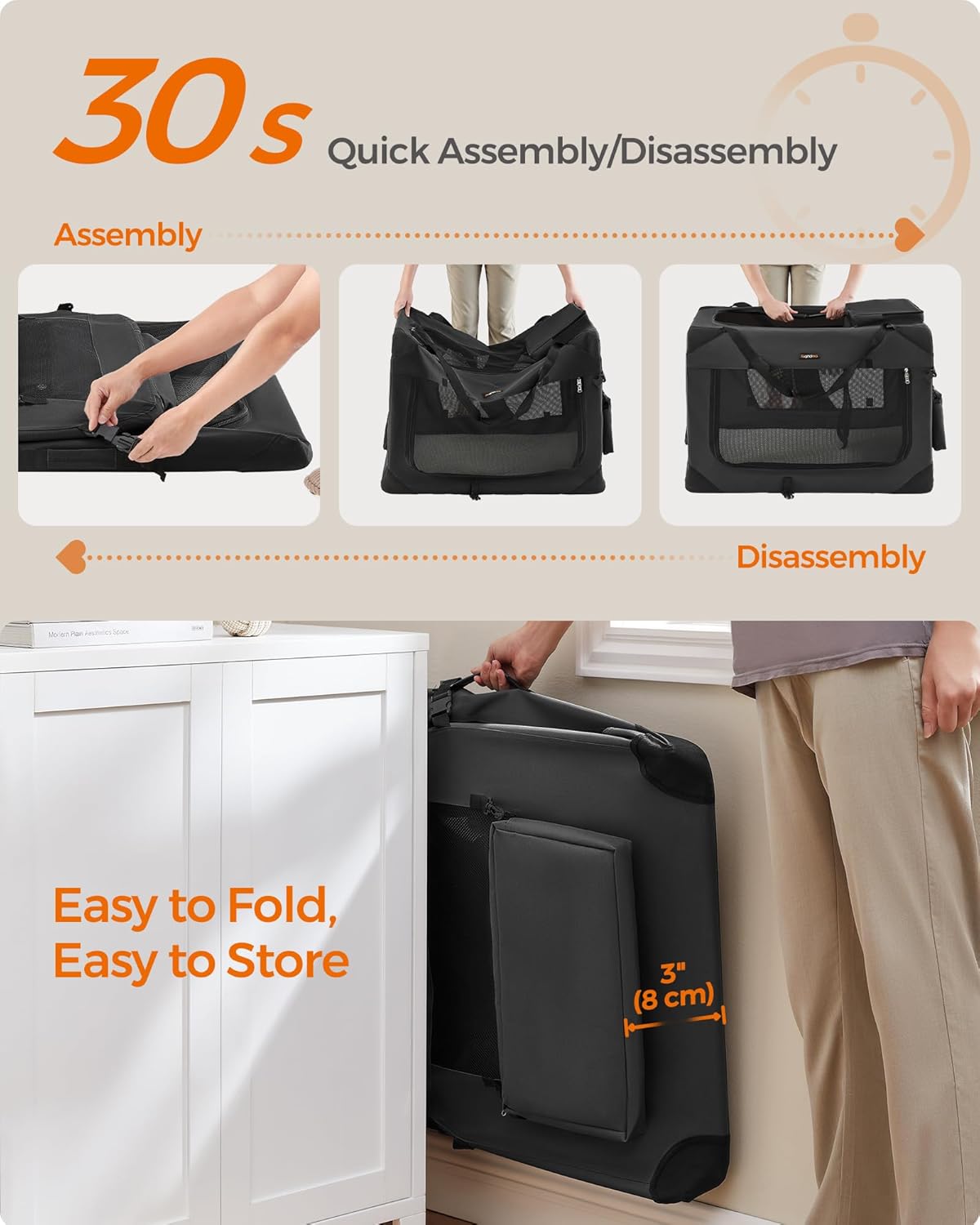 Feandrea 36 Inches Collapsible Soft Dog Crate, Portable Travel Dog Crate for Indoor and Outdoor Use, Dog Carrier Kennel with Safety Zippers, for Living Room, Car, Travelling, Camping, Black UPDC90H