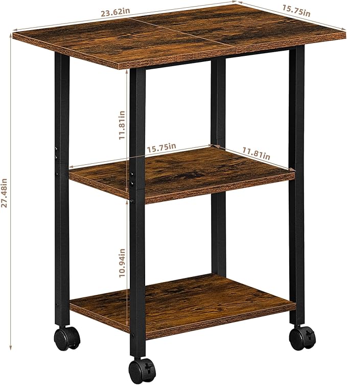 Lerliuo 3-Tier Printer Stand, Industrial Mobile Printer Table with Storage Shelf and Steel Frame, Rolling Printer Cart Holder with Lockable Wheels for Home, Office (Brown)