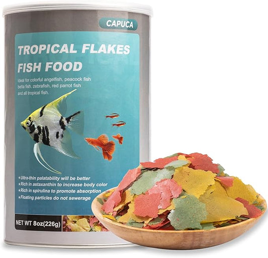 Ultrathin Tropical Fish Food Flakes - 8oz High Protein with Krill & Spirulina, Easy Swallow Color Enhancing & Growth for Betta Guppies Tetra Angelfish