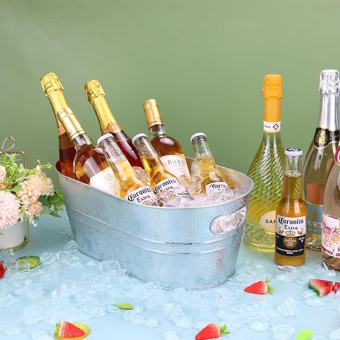 Ice Buckets for Parties 2 Pcs 3 Gallon Galvanized Beverage Metal Tub Hammered Texture Champagne Drink Wine Large Ice Bucket with Scoops for Cocktail Mimosa Bar Supplies