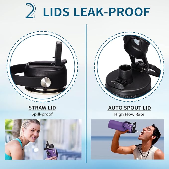 Insulated Water Bottle with Straw - 40 oz Triple Walled Water Bottle with Strap Carrier Bag, Flip Top Lid, Paracord Handle, Protective Cup Mat, Sweat-proof Metal Waterbottle for Sport, Gym, Workout