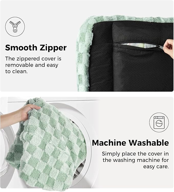 MADE 4 PETS Cat Beds for Indoor Cats, Cat Couch Bed, Soft Faux Fur Checkered Pet Sofa, Calming Fluffy Kitten Sofa with Supportive Foam, Removable Washable Cover with Non-Slip Base, Green, Small