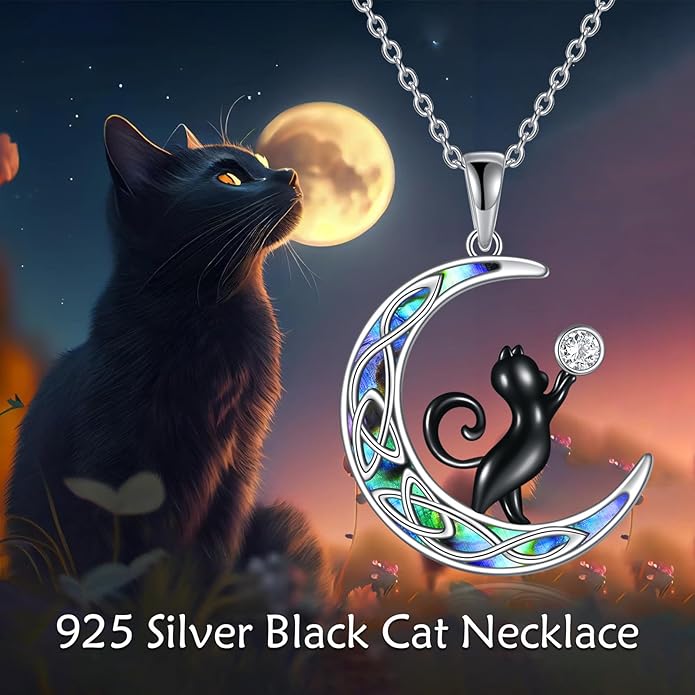 925 Sterling Silver Celtic Crescent Moon Animal Necklace for Women Fox/Black Cat/Hummingbird Crystal/Abalone Shell Pendant Jewelry Gift for Mom Daughter