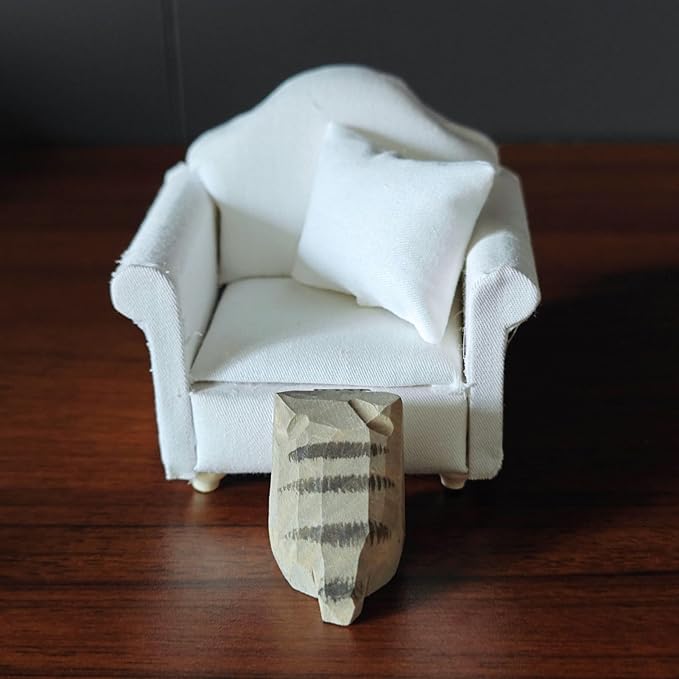 Miniature Wooden Cat Figurines with Sofa – Handcrafted Decorative Cats Set, 3 x 3.1 Inches, Home Décor for Desk, Bookshelf, and Living Spaces