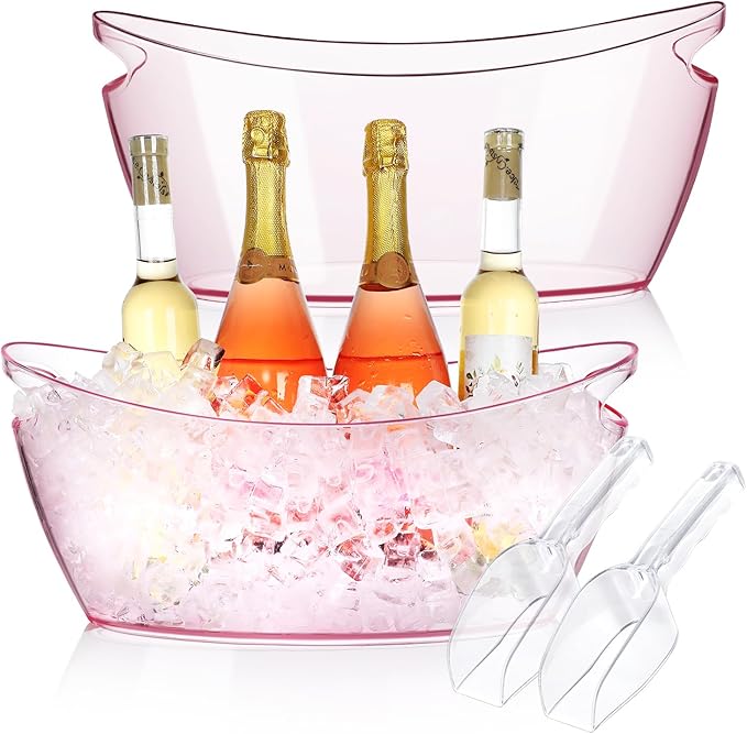 Ice Buckets for Parties, 2 PCS Acrylic Champagne Beverage with 2 Ice Bucket Scoop, Drinks Buckets Tub for Cocktail Bar, Long and Narrow 5.5 Liter Bucket for Party(5.5L) (Pink)