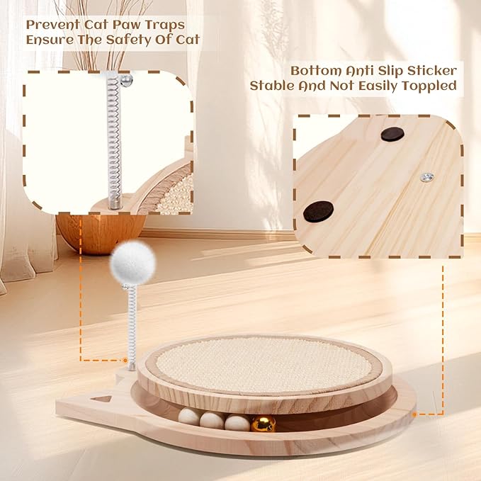 Natural Sisal Cat Scratcher, Round Cat Toys for Indoor Cats Interactive Toys with Ball Track Spring Ball, Kitten Toys for Chasing Hunting Mental Physical Exercise Puzzle