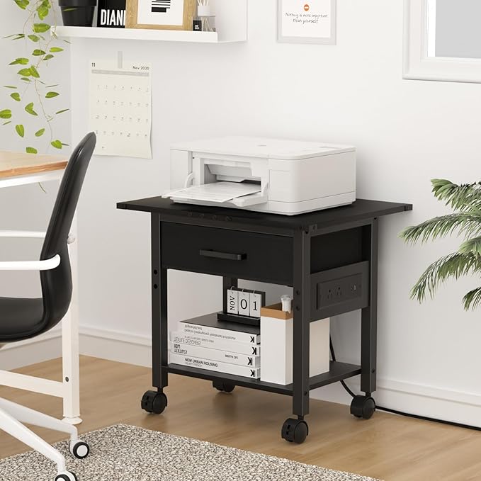 Lerliuo Under Desk Rolling Printer Stand with Charging Station and USB Ports, 2-Tier Printer Table Desk with Fabric Drawer, Printer Cart Holder with Lockable Wheels for Home, Office (Black)