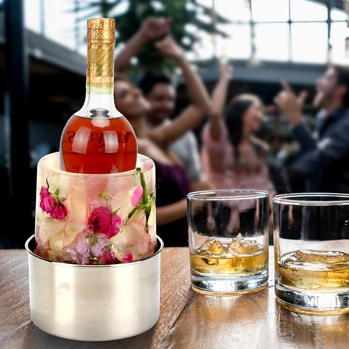 Ice Mold Wine Bottle Chiller Champagne Ice Bucket Mold, DIY Ice Mold with Flowers Fruits Theme Decors for Wine Champagne Cocktails, Wine Bucket Chiller for Parties Bar Wedding Festival Holiday