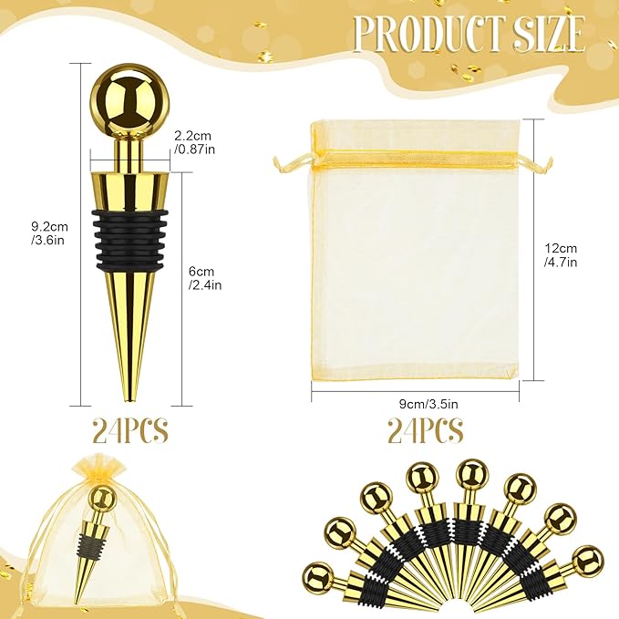 24 Pcs Gold Wine Stoppers Bulk Wine Saver Wedding Party Gifts Favors for Guests Stainless Steel Bottle Stopper Wine Corks Beverage Vacuum Silicone Stopper with Sheer Bags for Wedding Bar