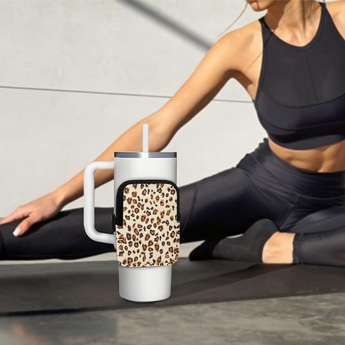 Leopard Stanley Cup Pouch with Adjustable Strap Water Bottle Storage Bag 20oz-40oz IceFlow Tumbler Pouch for Stanley Accessories