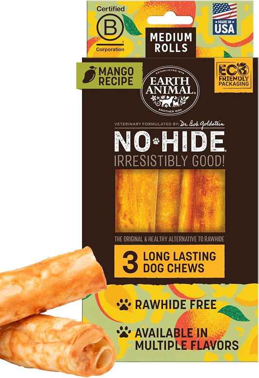 Earth Animal No-Hide Rolls Mango Vegetarian Recipe Medium Natural Rawhide Alternative Dog Chews - 3 Count Value Pack