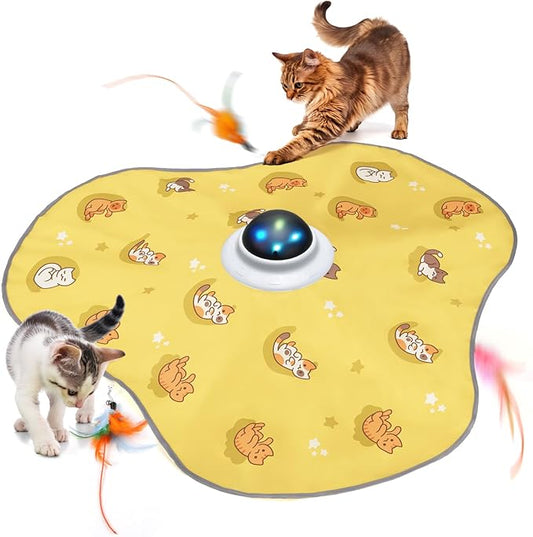 Interactive Cat Toy, Hide and Seek Cat Toys for Indoor Cats, Touch Activated, USB Rechargeable,Moving Feather, for All Breeds Bored Indoor Cats (Yellow)