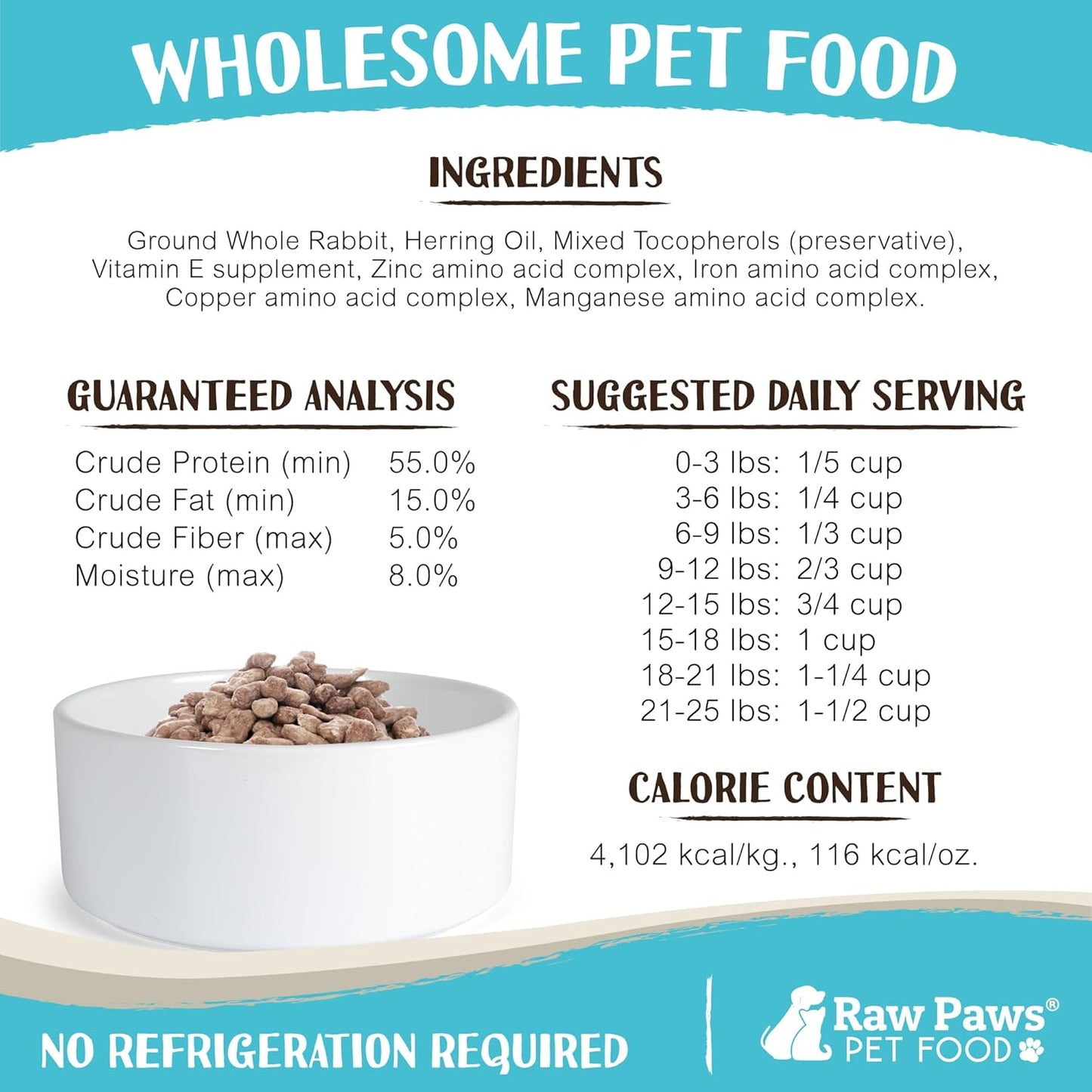 Raw Paws Freeze Dried Dog Food & Cat Food - Rabbit Recipe, 16-oz - Made in USA - Freeze-Dried Dog Food, Raw Dog and Cat Food