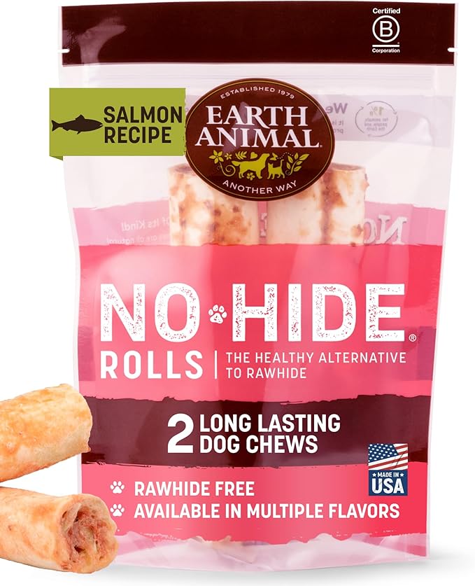 Earth Animal No Hide Medium Salmon Flavored Natural Rawhide Free Dog Chews Long Lasting Chew Sticks | Treats for Large Dogs | Great for Aggressive Chewers - 2 Count