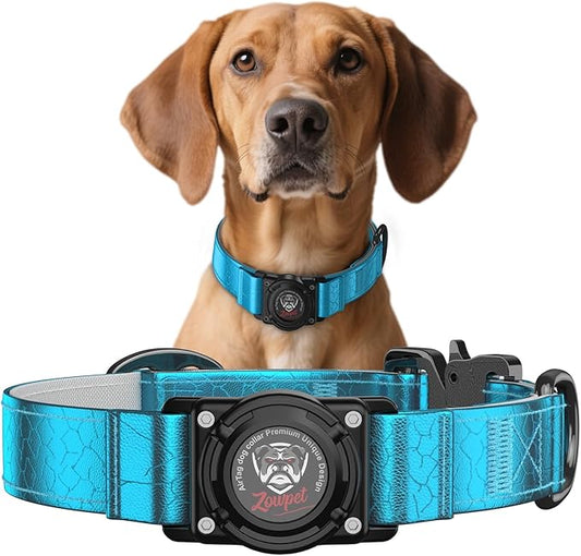 AirTag Dog Collar - Leather Dog Collar with Airtag Holder | IP68 Waterproof AirTag Holder with Metal Buckle, Comfortable GPS Dog Collars Tracker for Medium Large Dogs (Blue, M)