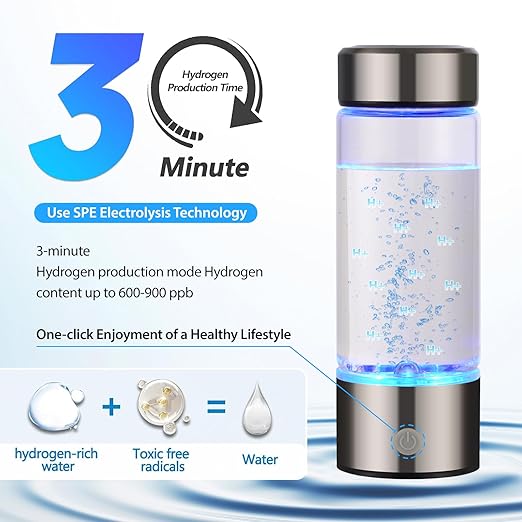 Hydrogen Water Bottle, Rechargeable Hydrogen Water Bottle Generator, Portable Hydrogen Water Machine, 3 Min Quick Electrolysis, Suitable for Home Travel Office Exercise